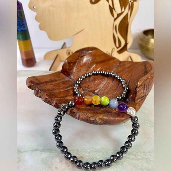 Handmade Hematite Rainbow Chakra Mixed Gemstone Bead Bracelet Set - Picture 6 of 8